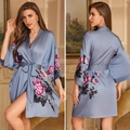 Elegant grey-blue satin nightgown featuring large floral prints and matching waist tie - One Size / Purple Mist Wonderland