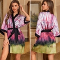 Elegant floral satin kimono robe with black trim and abstract landscape print for women - One Size / Red Forest Dream