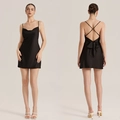 Schwarzes Satin-Unterkleid mit Wasserfallausschnitt, offenem Rücken und großer Schleife - S / Schwarz