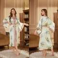 Peignoir long en satin vert fleuri avec bordures tissées ethniques et ceinture nouée - Vert Clair Floral Frais