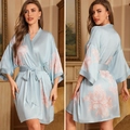 Elegant light blue satin robe with pink floral prints and waist tie for women - One Size / Spring Flower Language