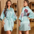 Elegant light blue satin robe with dark red peony print and matching waist belt - One Size / Spring Red Brocade