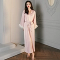Elegant pink satin sleepwear robe for women featuring white feather cuffs and waist belt - S / Single Robe / Single Robe-Pink