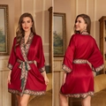 Luxurious burgundy satin bathrobe with elegant gold and green baroque floral trim - One Size / Spring Song