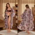 Peignoir en satin à fleurs violettes avec ensemble de lingerie marron foncé pour femme - Ruisseau d'Orchidées Violettes