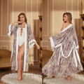 Peignoir long en satin à motif cachemire violet avec bordure blanche pour femme - Motif Paisley Violet