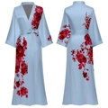 Vestaglia in raso celeste con stampa di peonie rosse e cintura abbinata per donna - Taglia unica / Celeste Con Fiori Rossi