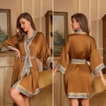 Luxurious bronze satin kimono robe with blue geometric patterns and matching waist tie - One Size / Gold and Jade Legend