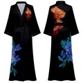 Women's black long satin robe with orange and blue floral print front and back view - One Size / Gilded Bloom (Black & Red Floral)