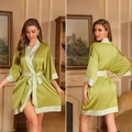 Lustrous light green satin robe with elegant pattern trim and matching waist tie - One Size / Spring Love Letter