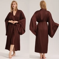 Elegant chocolate brown satin robe set with matching silk slip dress and wide kimono sleeves - One Size / Coffee