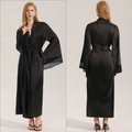 Elegant black satin long nightdress for women featuring lace trim and flared sleeves - S / Black