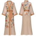 Women's satin floral bathrobe in beige with orange trim and long sleeves floral design - One Size / Coral Summer (Champagne Contrast Floral)