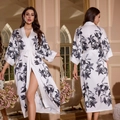 White floral satin robe for women featuring elegant black lilies and a belted waist - One Size / White Lily Print