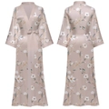 Women's satin champagne long robe featuring white magnolia floral print with waist tie - One Size / Simple Jade (Nude Pink & Magnolia)