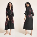 Women's black satin robe with red floral pattern and 3/4 sleeves in an elegant kimono style - One Size / Black Plum Blossom