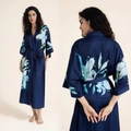 Dark blue satin robe with large lily floral prints and waist tie for women - One Size / Navy Blue Lily