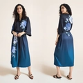 Blue gradient satin bathrobe with hydrangea floral print and black waist belt - One Size / Gradient Blue Hydrangea
