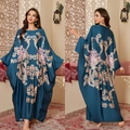Teal satin kaftan nightgown with gold baroque and pink floral prints for women - One Size / Teal Floral