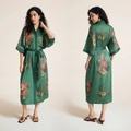 Women's emerald green satin robe with tropical tiger print and matching waist belt - One Size / Green Jungle Leopard