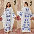 Women's white satin kaftan with blue rose floral print and batwing sleeves - One Size / Blue Rose on White