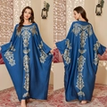 Navy blue kaftan dress with golden baroque patterns and satin finish shown front and back - One Size / Blue Lake Ripple