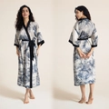 Women's plus size satin kimono robe with blue mountain landscape print and black trim - One Size / Ink Landscape Painting