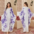 Elegant white satin kaftan for women featuring artistic purple floral prints and batwing sleeves - One Size / Floral Dream