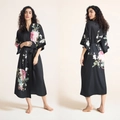 Elegant black satin kimono robe with pink peony floral print and matching waist tie belt - One Size / Black Pink Peony