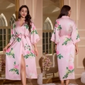 Pink floral satin long robe with a belted waist and elegant green leaf prints - One Size / Pink Floral Green Branch