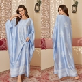 Women's light blue satin kaftan with white Persian floral print and batwing sleeves - One Size / Cloud Firefly