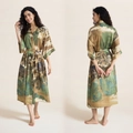 Women's silk satin long robe featuring vintage Chinese landscape painting print - One Size / Yellow Landscape Pavilions