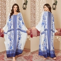 Blue and white floral kaftan loungewear with batwing sleeves and loose ethnic print - One Size / Splashed Blue Grid