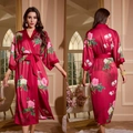 Women's red satin robe with peony floral print and matching belt in luxury silk style - One Size / Bright Red Peony