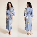 Light blue floral satin kimono robe with 3/4 sleeves and matching waist belt - One Size / Light Blue Floral