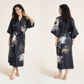 Women's plus size black floral satin bathrobe with V-neck and self-tie waist belt - One Size / Black Painterly Floral