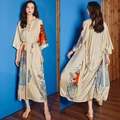 Champagne gold satin long robe with red lotus print and kimono style waist tie - One Size (Large) / Lotus Leaf Painting