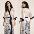 Champagne satin long floral robe with black trim and silhouette prints for women - One Size (Large) / Quiet Mist Mountain