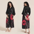 Women's black satin floral long robe with red flower prints and silky finish - Black Poppy