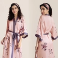 Pink satin floral bathrobe for women with purple trim and matching headband accessory - One Size (Large) / Deep Pink Branch