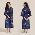 Dark blue satin robe with traditional crane and pine print in a long wrap design - One Size (Large) / Pine Crane Blue Robe