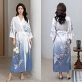 Women's luxury blue gradient satin robe with floral ink print and adjustable waist - Bright Cyan Square