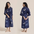 Dark blue satin kimono robe with elegant white crane print and matching waist belt - One Size (Over 165cm) / Pine Crane Blue Robe