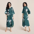Women's dark green satin floral robe with pink peony print and waist tie closure - Dark Green Large Floral