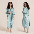 Light green floral satin long robe with white magnolia print and matching waist belt - One Size (Standard) / Vine Green Leaves