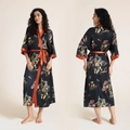 Women's black satin printed long robe with oriental pattern and red contrast piping - Willow Tree Pattern