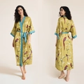 Ginger satin floral robe with crane prints and contrasting blue trim details - Turmeric Red Bird