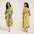 Green satin floral print long bathrobe with contrast blue trim and waist belt - Turmeric Red Bird / One Size (for Those Over 165cm Weighing 90-180 Lbs)