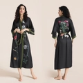 Elegant black satin floral print nightgown with green trim and matching waist tie - Black Long Flower Branch / One Size (for Those Over 165cm Weighing 90-180 Lbs)