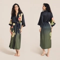 Women's satin floral robe in black and olive green gradient with a self-tie waist - Hengtang Stream Guest